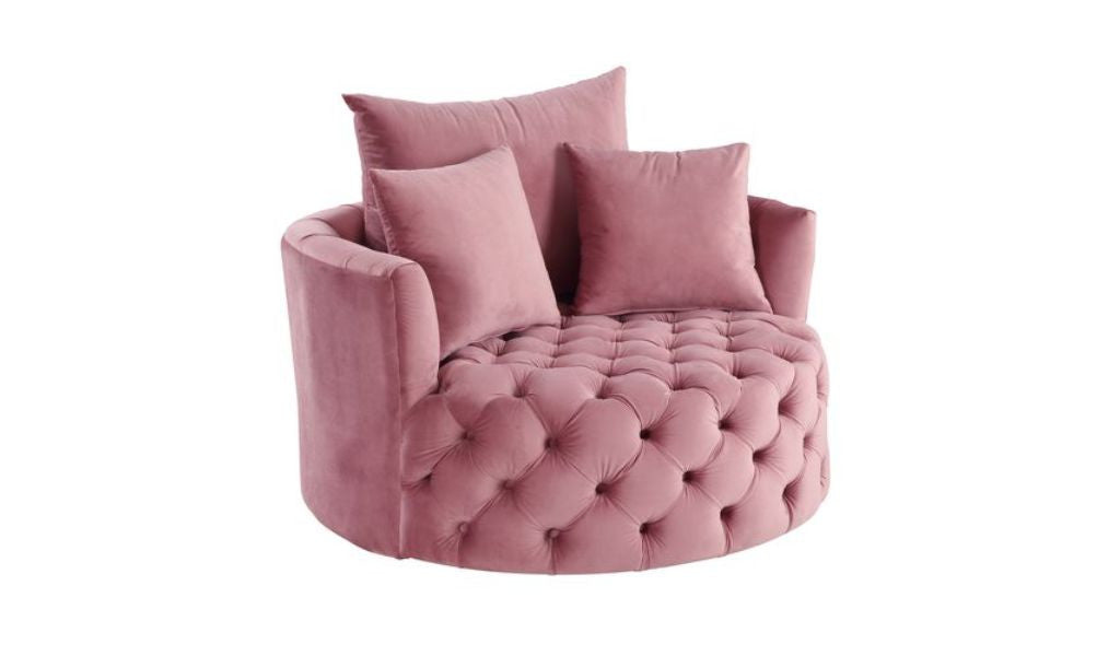 43" Pink Velvet Tufted Swivel Barrel Chair And Toss Pillows - Homeroots - Flyclothing LLC