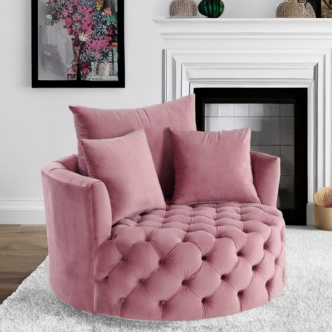 43" Pink Velvet Tufted Swivel Barrel Chair And Toss Pillows - Homeroots - Flyclothing LLC