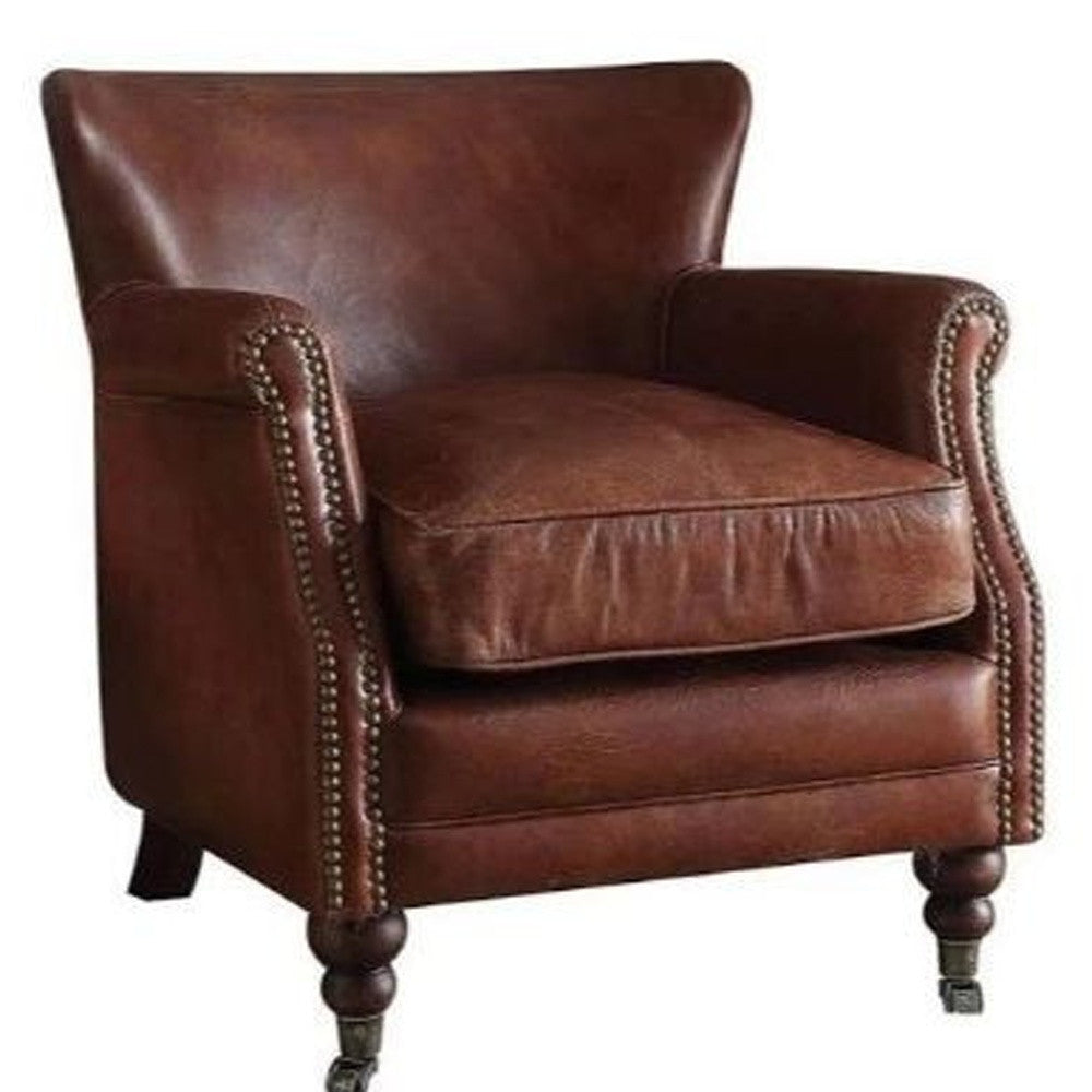 24" Dark Brown Top Grain Leather Wingback Chair - Homeroots - Flyclothing LLC