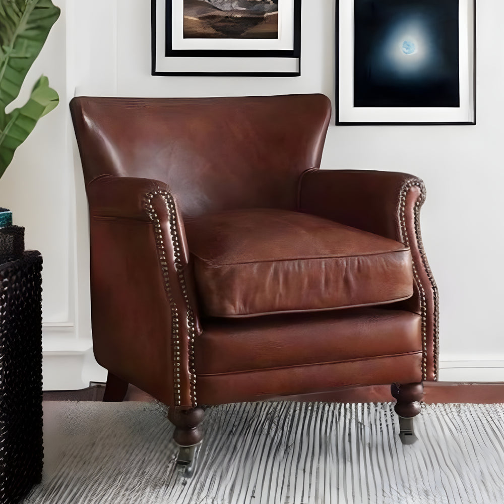 24" Dark Brown Top Grain Leather Wingback Chair - Homeroots