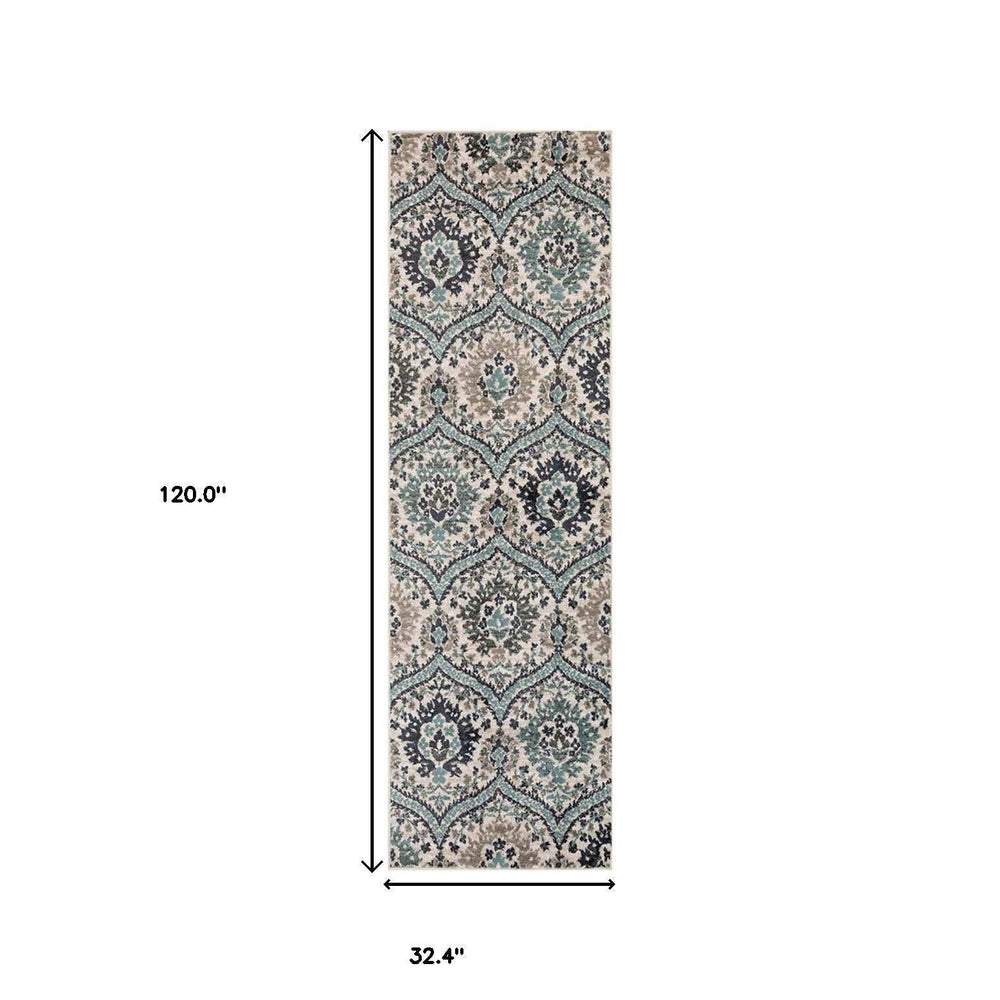 10' Ivory Blue and Gray Medallion Runner Rug - Homeroots - Flyclothing LLC