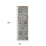 10' Ivory Blue and Gray Medallion Runner Rug - Homeroots