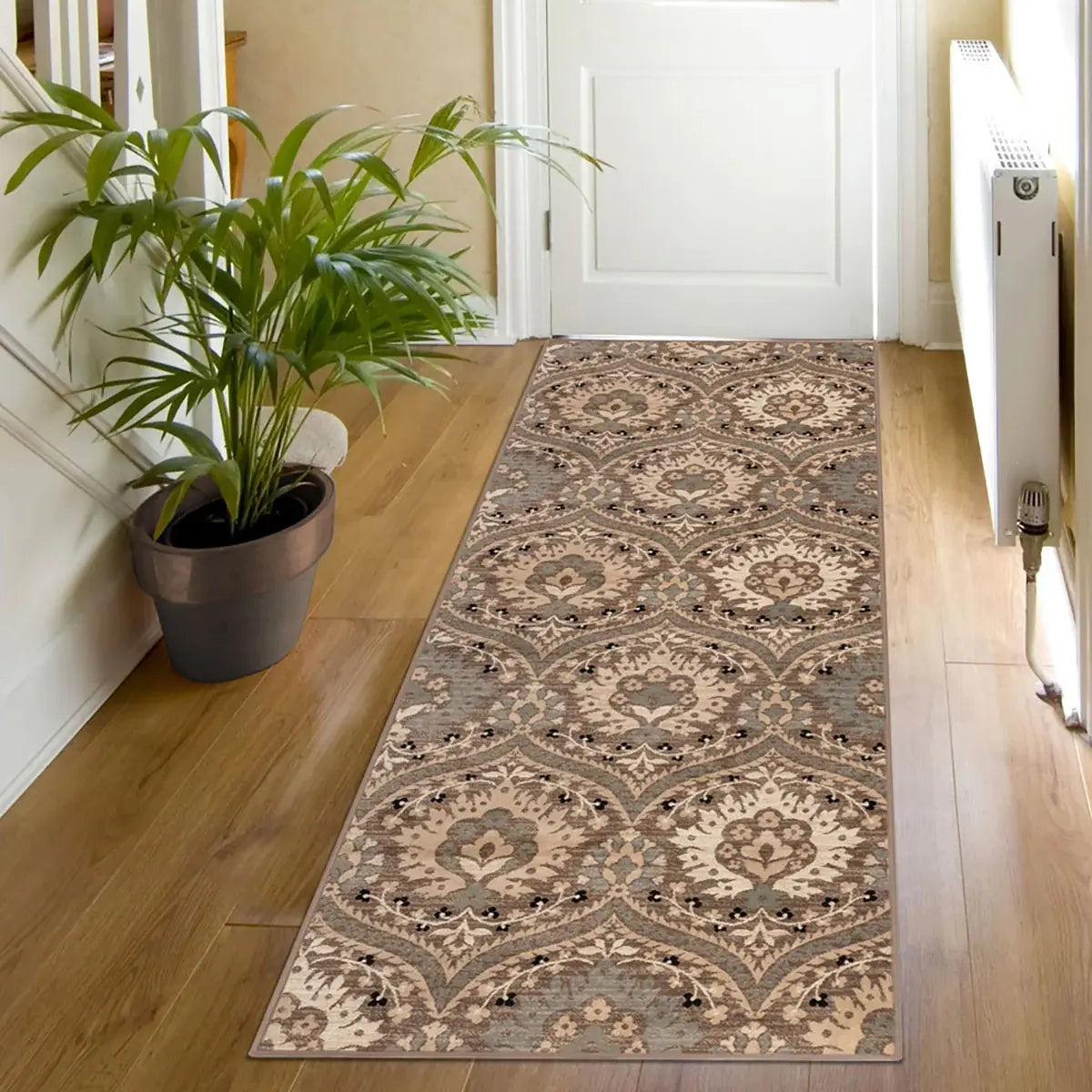 10' Ivory Beige And Light Blue Floral Stain Resistant Runner Rug - Homeroots - Flyclothing LLC