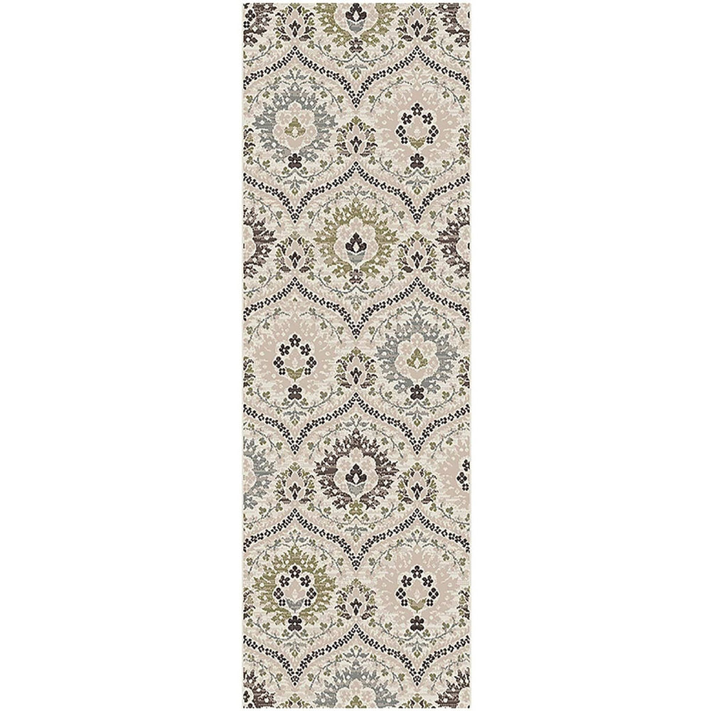 12' Ivory Gray And Olive Floral Stain Resistant Runner Rug - Homeroots