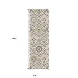 12' Ivory Gray And Olive Floral Stain Resistant Runner Rug