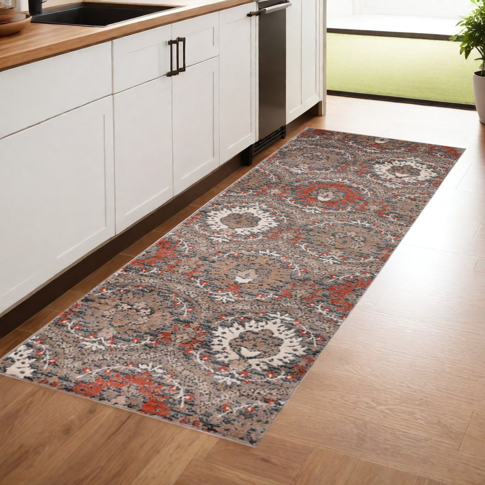 8' Runner Rust Floral Stain Resistant Runner Rug - Homeroots