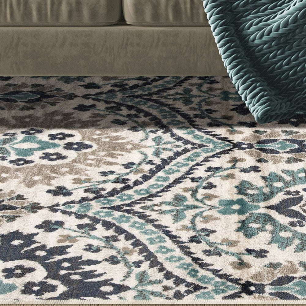 4' X 6' Ivory Blue And Gray Floral Stain Resistant Area Rug - Homeroots - Flyclothing LLC