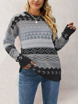 Geometric Pattern Round Neck Sweater - Trendsi - Flyclothing LLC