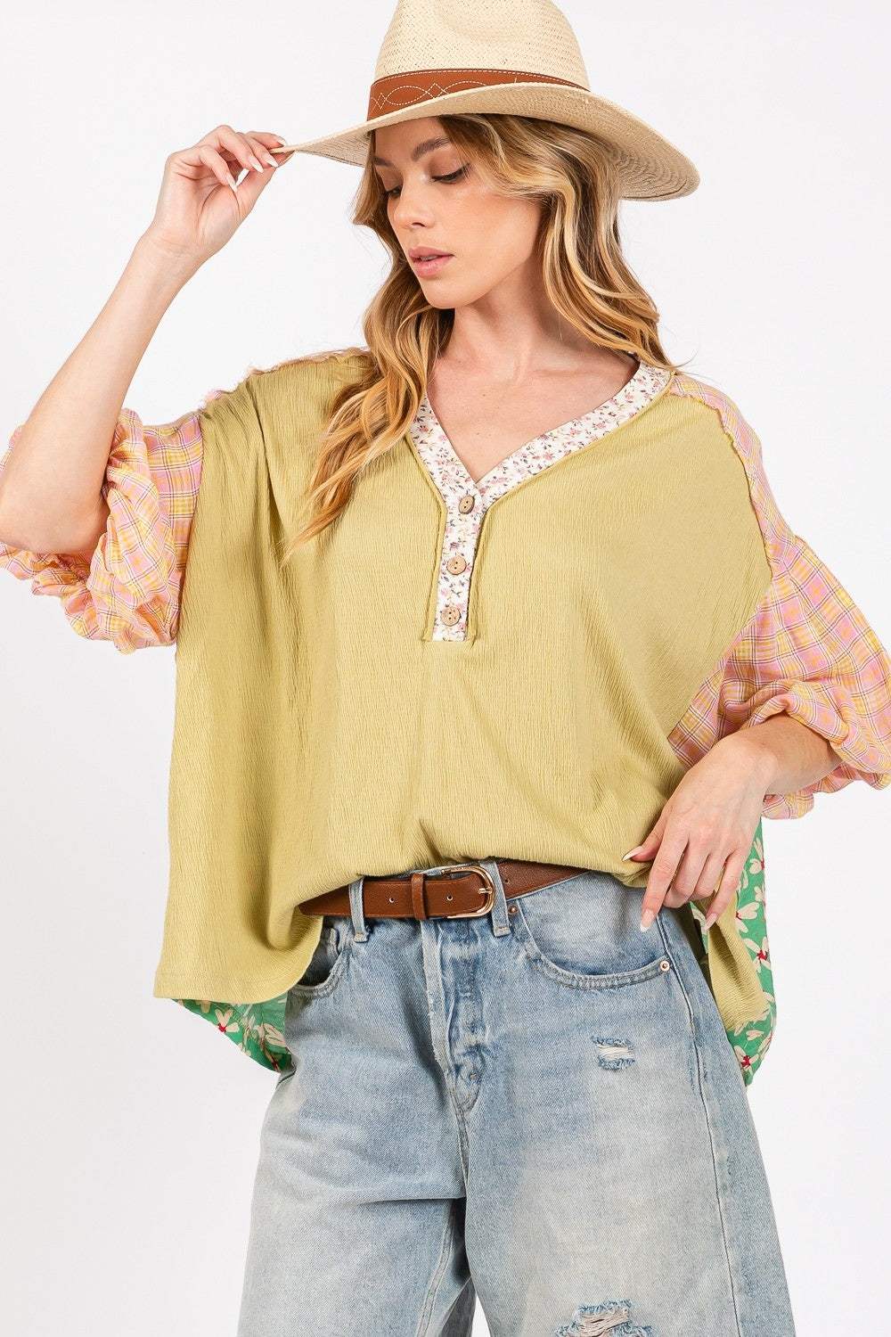 SAGE + FIG Color Block Bubble Sleeve Top - Trendsi - Flyclothing LLC
