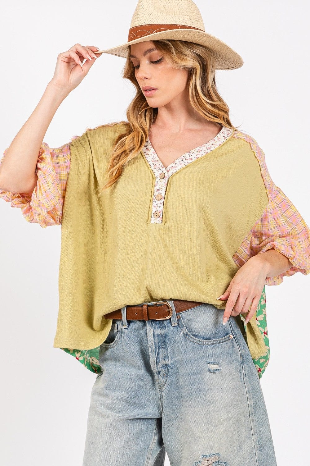 SAGE + FIG Color Block Bubble Sleeve Top - Trendsi