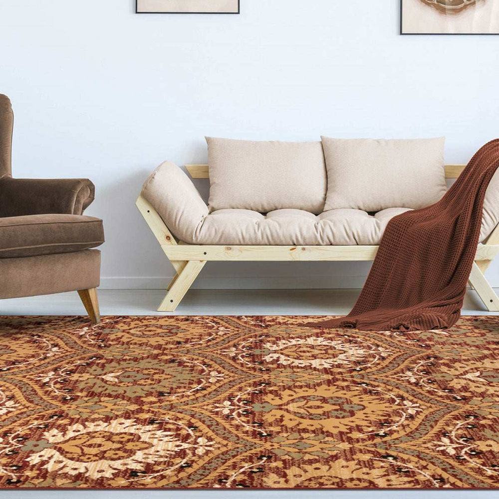 5' X 8' Red Olive And Gold Floral Stain Resistant Area Rug - Homeroots - Flyclothing LLC
