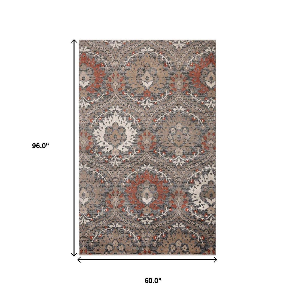 5' X 8' Rust Floral Stain Resistant Area Rug - Homeroots - Flyclothing LLC