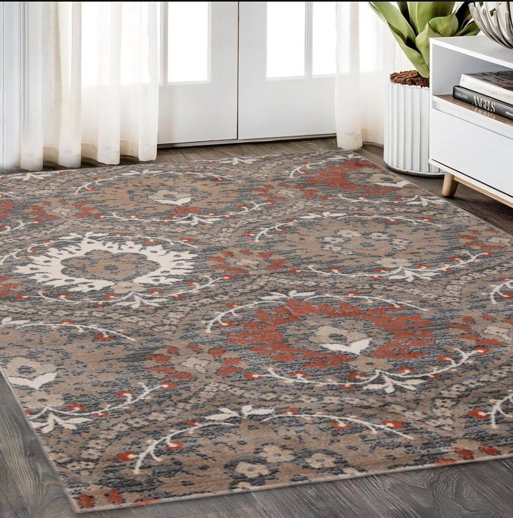 5' X 8' Rust Floral Stain Resistant Area Rug - Homeroots