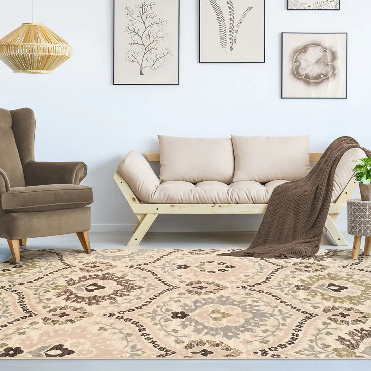 7' X 9' Ivory Gray And Olive Floral Stain Resistant Area Rug - Homeroots - Flyclothing LLC
