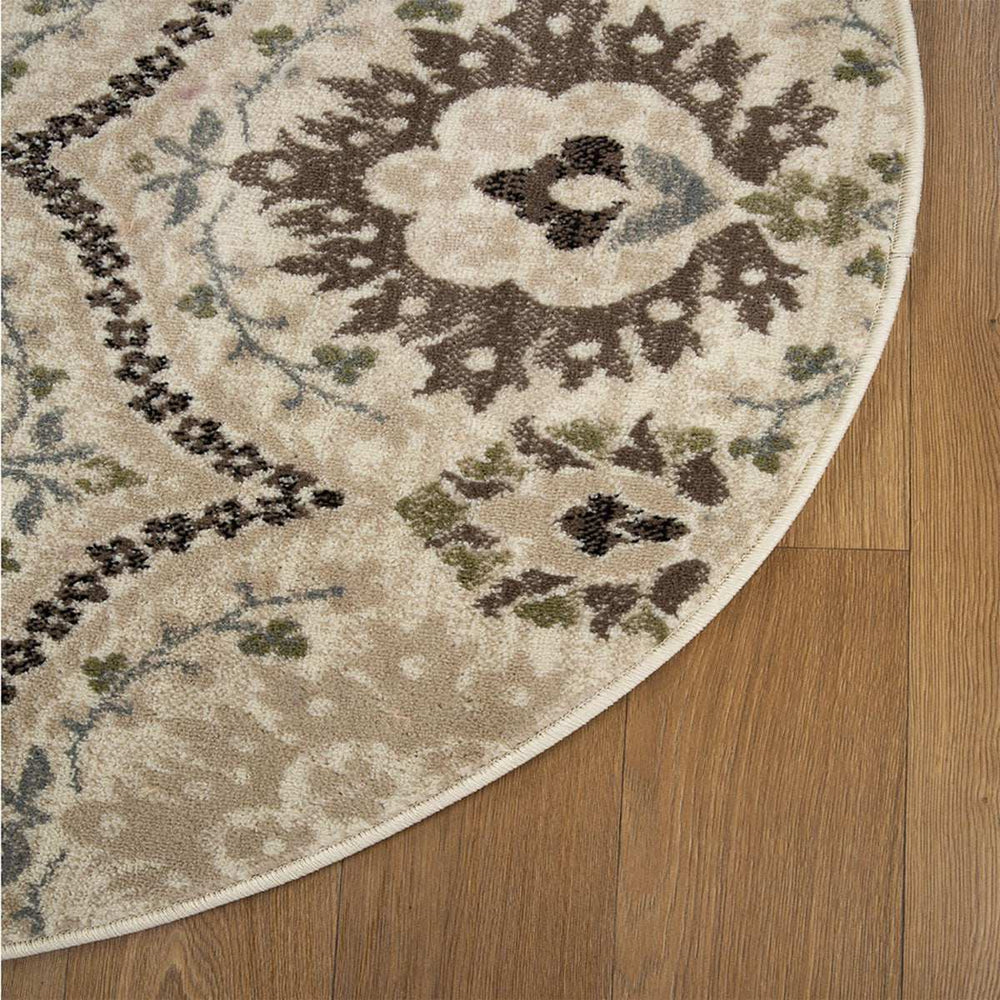8' Round Ivory Gray And Olive Round Floral Stain Resistant Area Rug - Homeroots - Flyclothing LLC