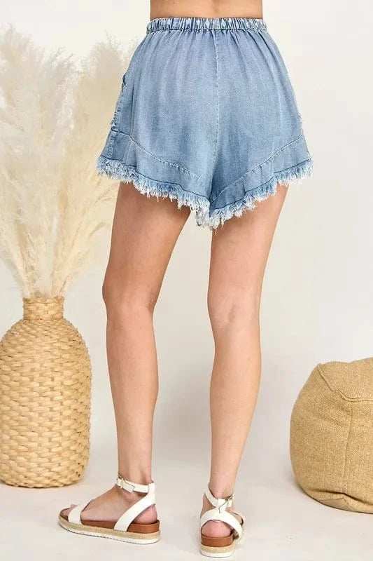 SAGE+FIG Frayed Drawstring Denim Shorts - Trendsi - Flyclothing LLC
