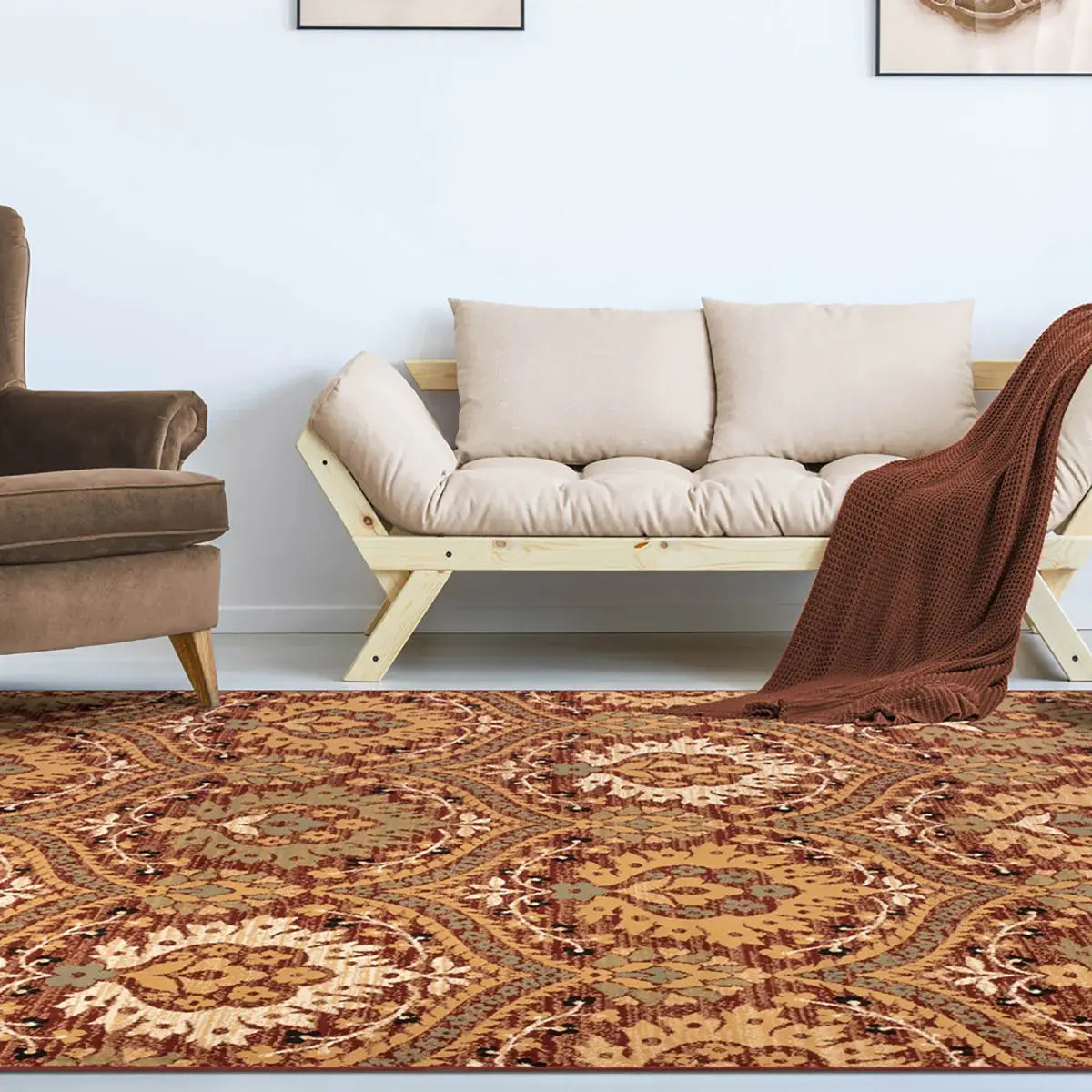 8' X 10' Red Olive And Gold Floral Stain Resistant Area Rug - Homeroots - Flyclothing LLC