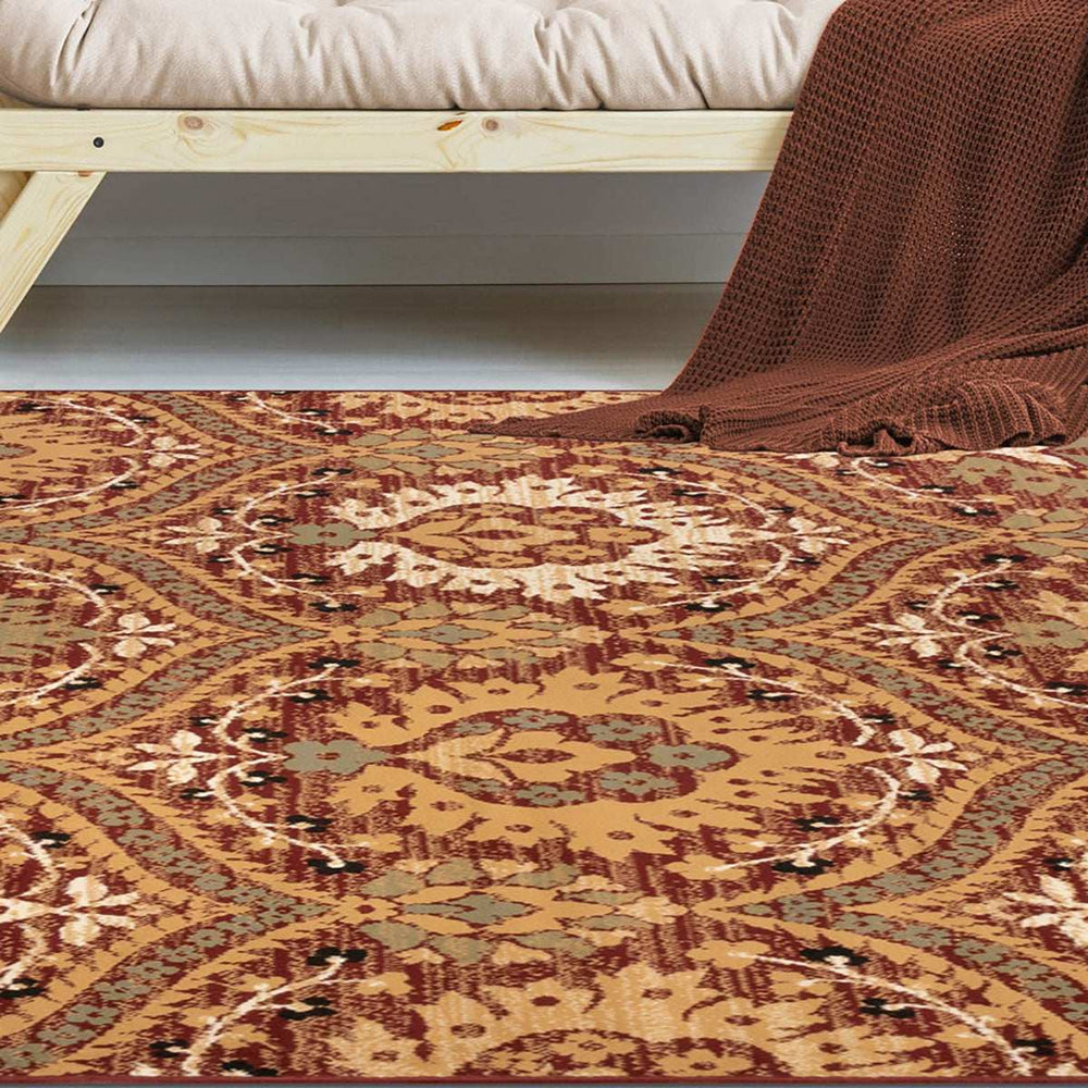 8' X 10' Red Olive And Gold Floral Stain Resistant Area Rug - Homeroots - Flyclothing LLC