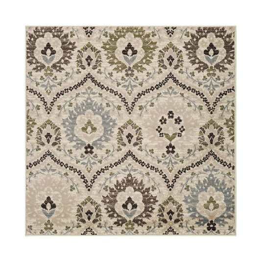 8' Square Ivory Gray And Olive Square Floral Stain Resistant Area Rug - Homeroots - Flyclothing LLC