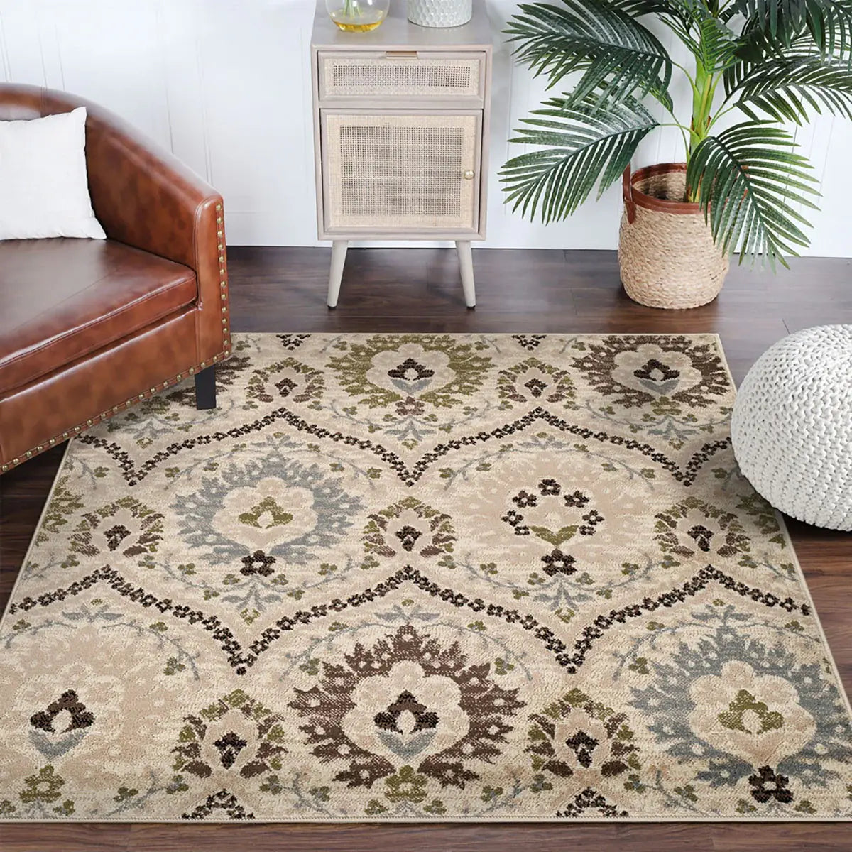 8' Square Ivory Gray And Olive Square Floral Stain Resistant Area Rug - Homeroots - Flyclothing LLC