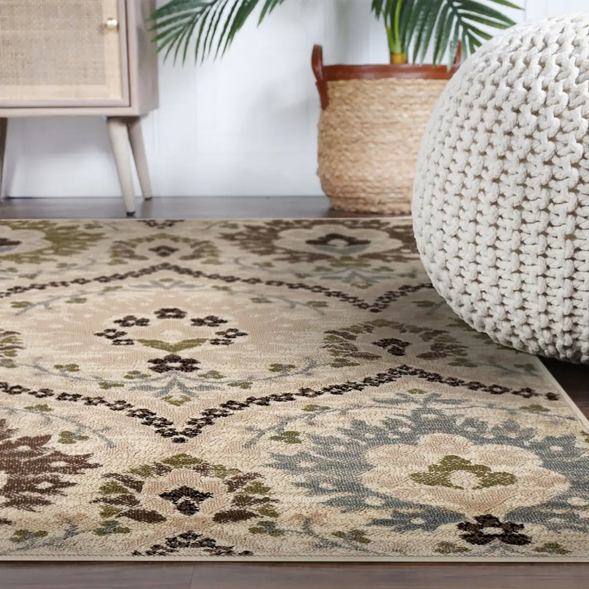 8' Square Ivory Gray And Olive Square Floral Stain Resistant Area Rug - Homeroots - Flyclothing LLC