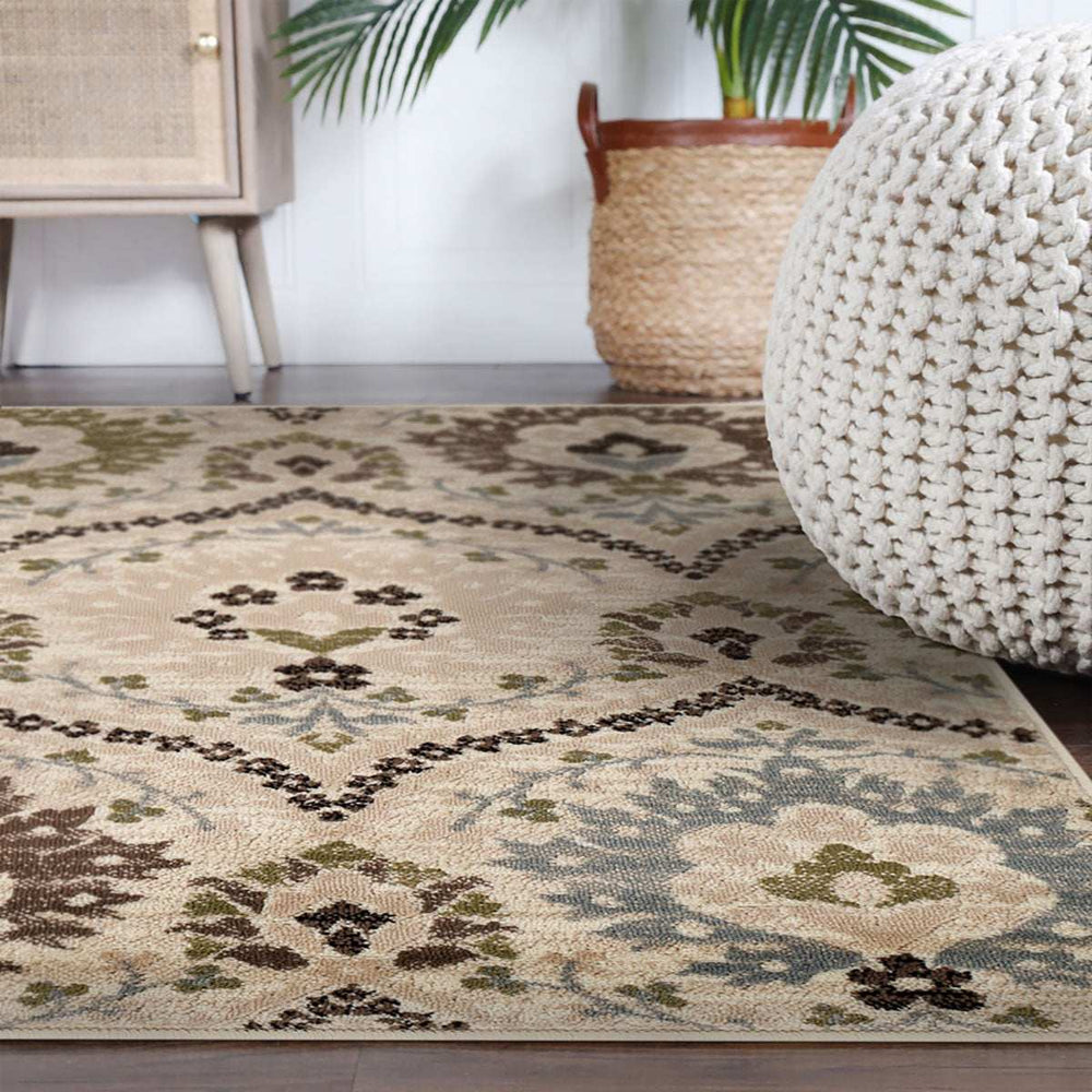 8' Square Ivory Gray And Olive Square Floral Stain Resistant Area Rug - Homeroots - Flyclothing LLC