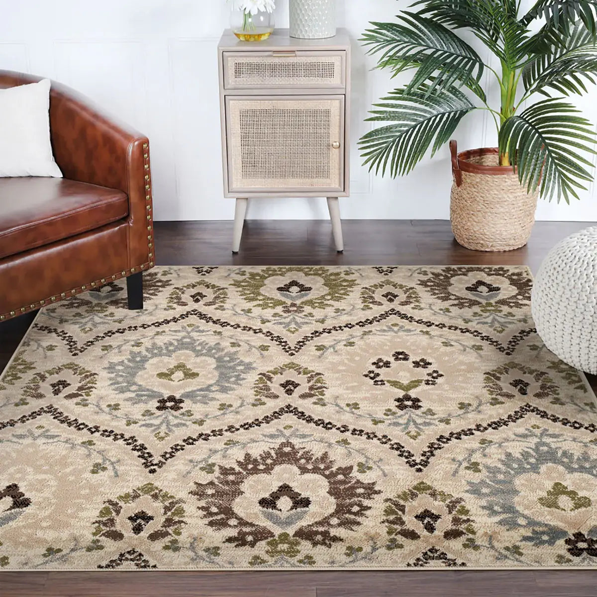 8' Square Ivory Gray And Olive Square Floral Stain Resistant Area Rug - Homeroots - Flyclothing LLC
