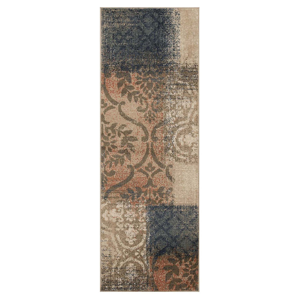 10' Navy And Salmon Damask Distressed Stain Resistant Runner Rug - Homeroots