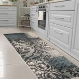 10' Teal And Gray Damask Distressed Stain Resistant Runner Rug - Homeroots