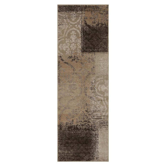 8' Beige Gray And Black Damask Distressed Stain Resistant Runner Rug - Homeroots - Flyclothing LLC
