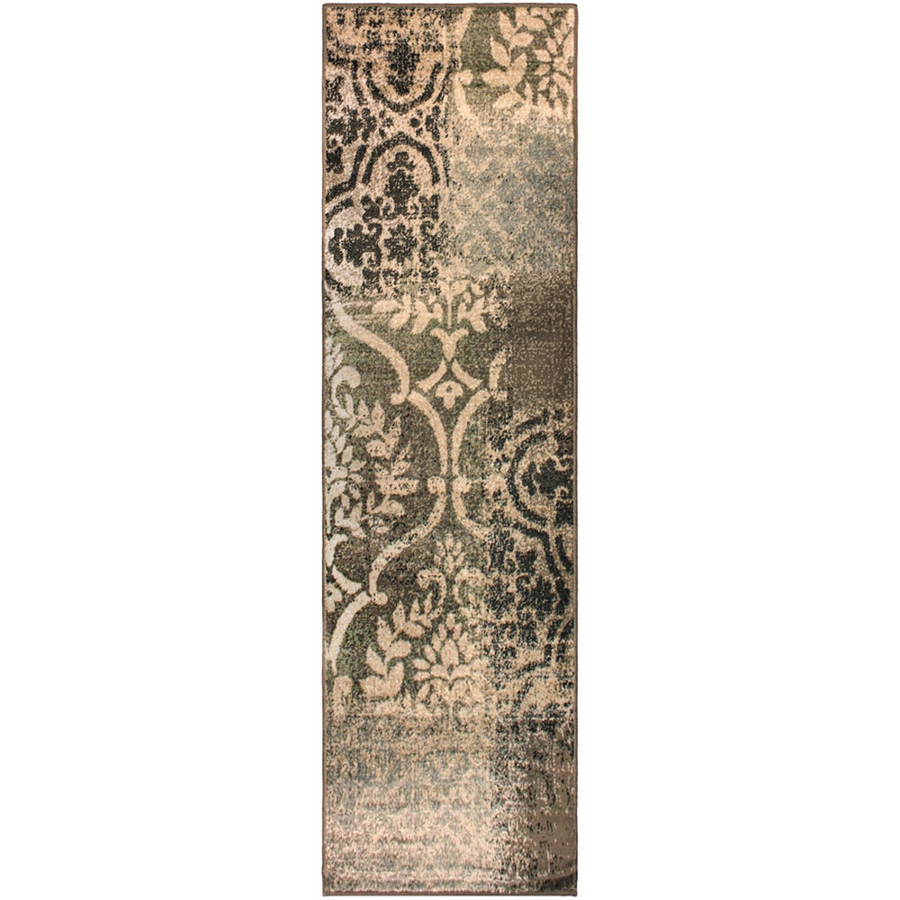 8' Ivory Light Blue Damask Distressed Stain Resistant Runner Rug - Homeroots