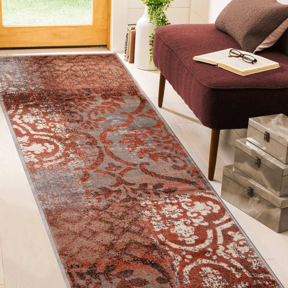 8' Rust And Gray Damask Distressed Stain Resistant Runner Rug - Homeroots - Flyclothing LLC