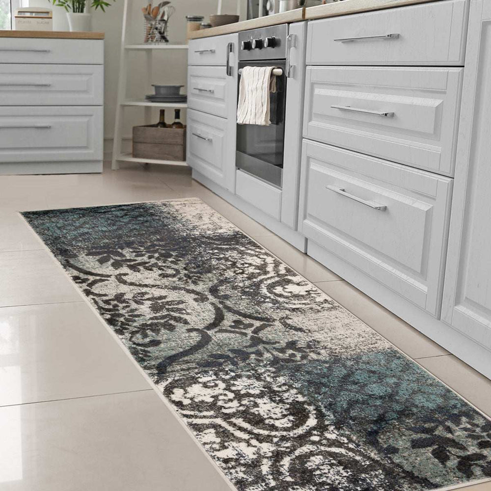 8' Teal And Gray Damask Distressed Stain Resistant Runner Rug - Homeroots - Flyclothing LLC