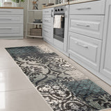 8' Teal And Gray Damask Distressed Stain Resistant Runner Rug - Homeroots
