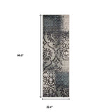 8' Teal And Gray Damask Distressed Stain Resistant Runner Rug - Homeroots - Flyclothing LLC