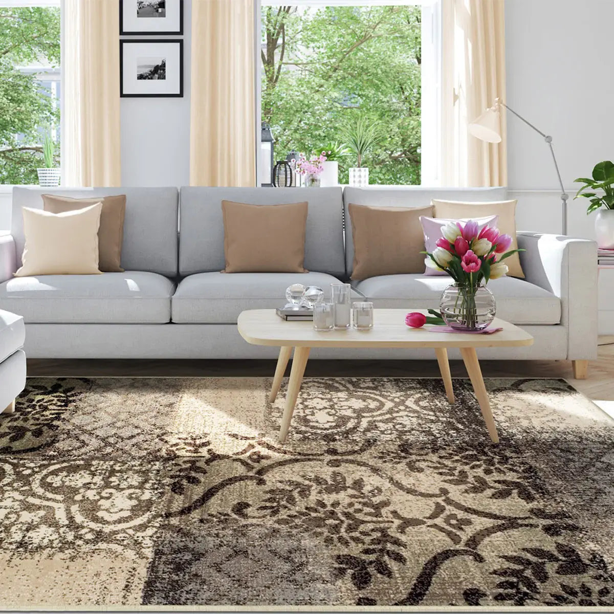 4' X 6' Tan And Brown Damask Distressed Stain Resistant Area Rug - Homeroots - Flyclothing LLC
