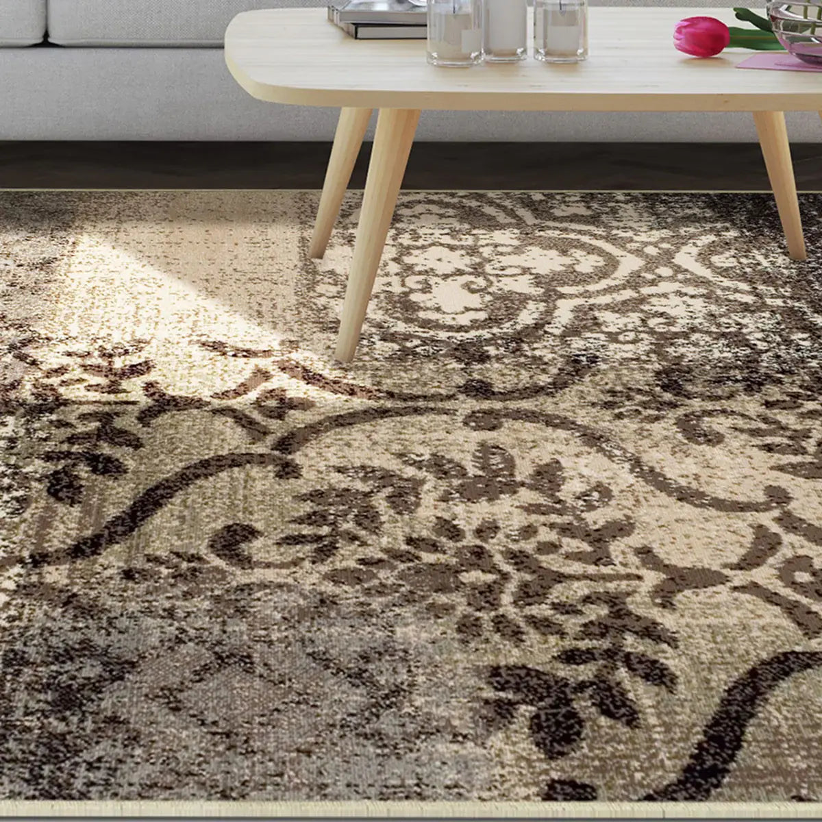 4' X 6' Tan And Brown Damask Distressed Stain Resistant Area Rug - Homeroots - Flyclothing LLC