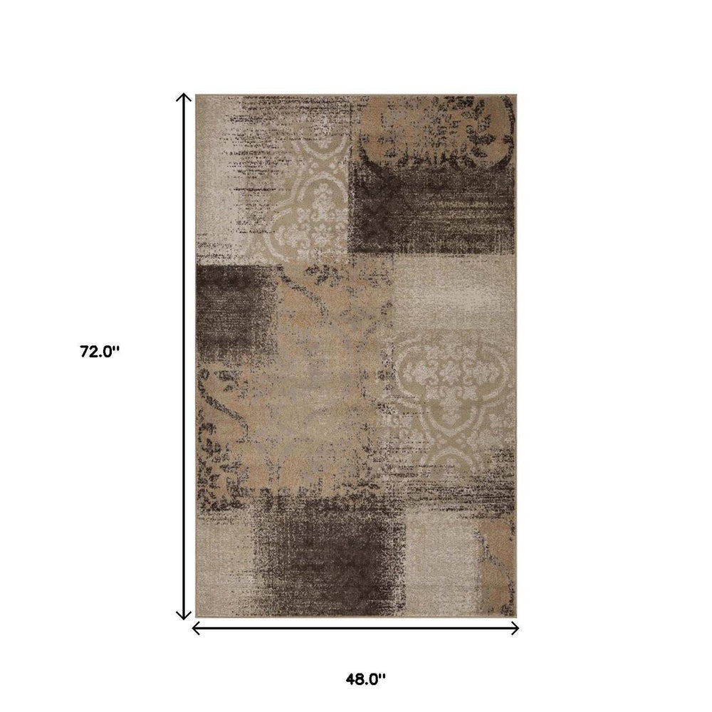 4' X 6' Beige Gray And Black Damask Distressed Stain Resistant Area Rug - Homeroots - Flyclothing LLC