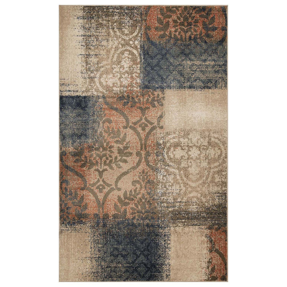 4' X 6' Navy And Salmon Damask Distressed Stain Resistant Area Rug - Homeroots