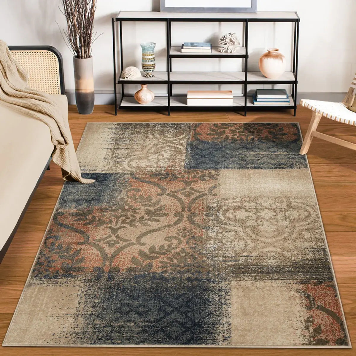 4' X 6' Navy And Salmon Damask Distressed Stain Resistant Area Rug - Homeroots - Flyclothing LLC