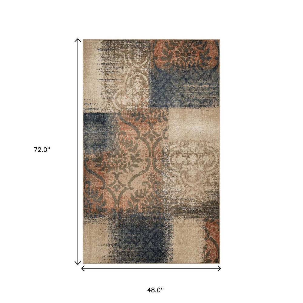 4' X 6' Navy And Salmon Damask Distressed Stain Resistant Area Rug - Homeroots - Flyclothing LLC