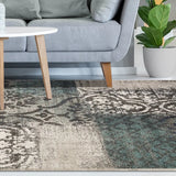 4' X 6' Teal And Gray Damask Distressed Stain Resistant Area Rug - Homeroots - Flyclothing LLC