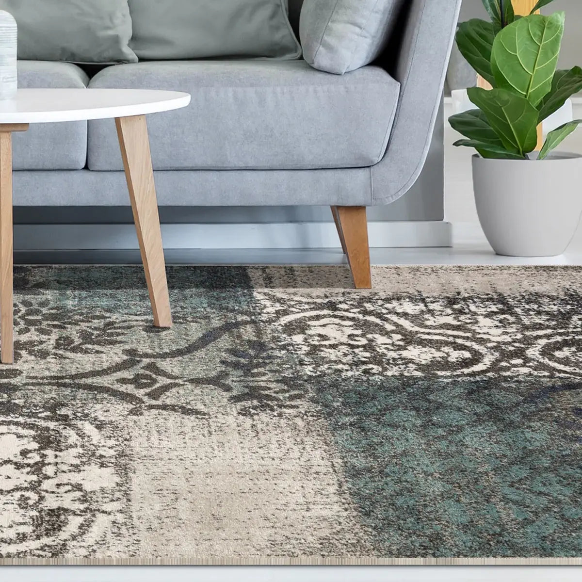 4' X 6' Teal And Gray Damask Distressed Stain Resistant Area Rug - Homeroots - Flyclothing LLC