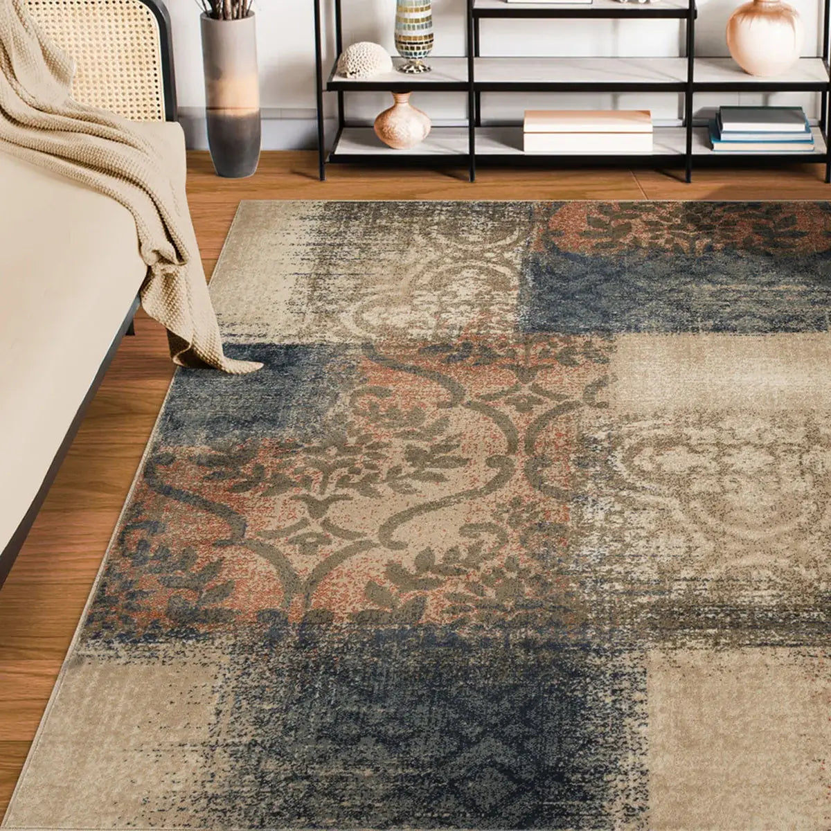 5' X 8' Navy And Salmon Damask Distressed Stain Resistant Area Rug - Homeroots - Flyclothing LLC