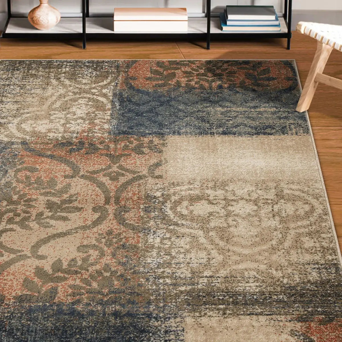5' X 8' Navy And Salmon Damask Distressed Stain Resistant Area Rug - Homeroots - Flyclothing LLC