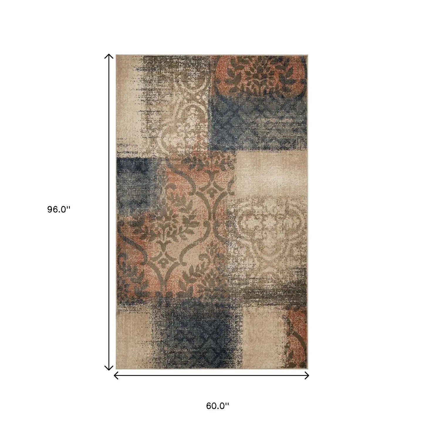 5' X 8' Navy And Salmon Damask Distressed Stain Resistant Area Rug - Homeroots - Flyclothing LLC
