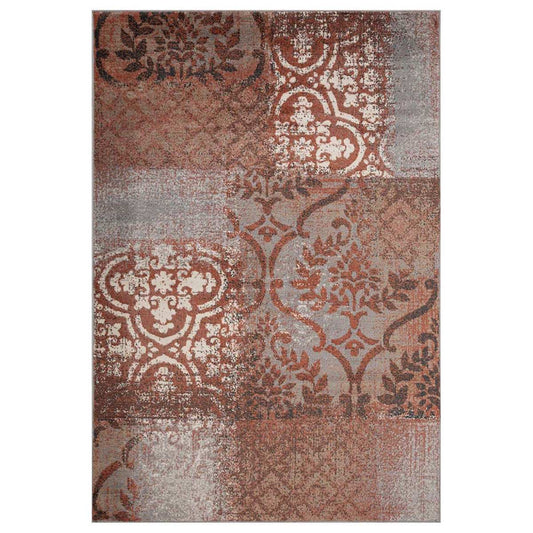 7' X 9' Rust And Gray Damask Distressed Stain Resistant Area Rug - Homeroots - Flyclothing LLC