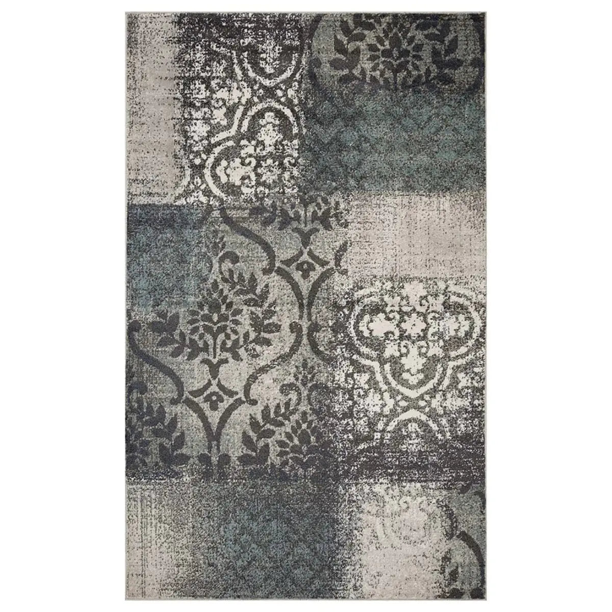 7' X 9' Teal And Gray Damask Distressed Stain Resistant Area Rug - Homeroots - Flyclothing LLC