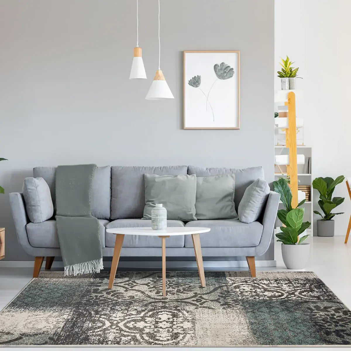 7' X 9' Teal And Gray Damask Distressed Stain Resistant Area Rug - Homeroots - Flyclothing LLC