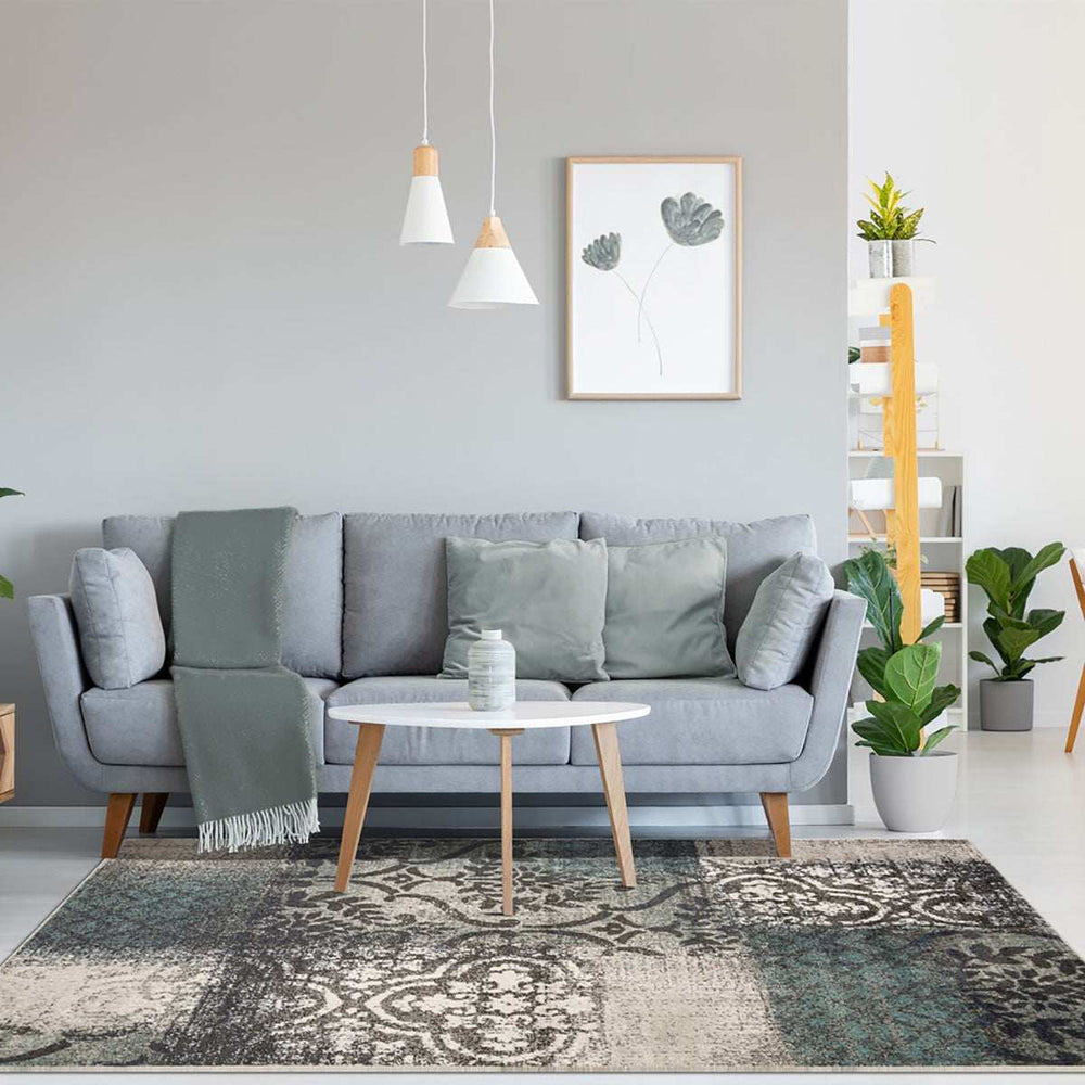 7' X 9' Teal And Gray Damask Distressed Stain Resistant Area Rug - Homeroots - Flyclothing LLC